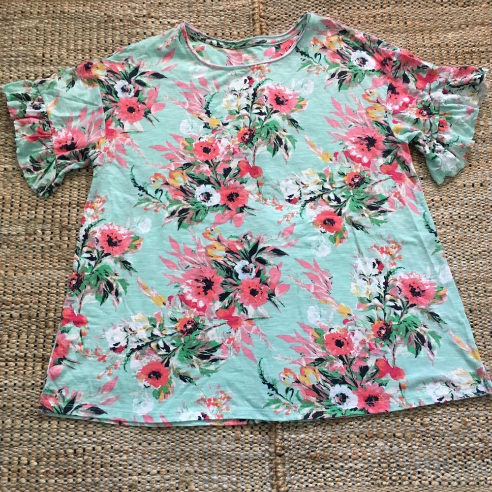 EUC Ruff Hewn Mint Floral Ruffle Sleeved Top